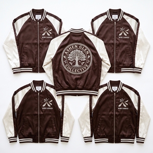 Wholesale Supplier Satin Souvenir Jacket Royal Navy Cream Sea Otter Kelp Embroidery Baseball Bomber <b>Coat</b> - Product Image 5