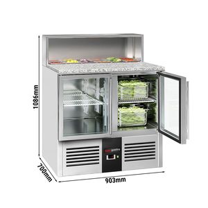 Commercial Saladette Counter PREMIUM - 903mm - 240L - 2 <b>glass</b> <b>doors</b> - open top for 5 x GN 1/6 & stainless steel <b>hinged</b> lid - Product Image 2