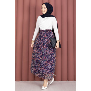 Navy Blue Floral Patterned <b>Elastic</b> Waist Chiffon Tulle <b>Skirt</b> with Soft Print Decoration - Product Image 4