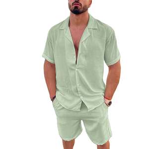 Ensemble 2 pièces en tricot de polyester/coton pour homme |   Chemise décontractée à manches courtes à fleurs + short |   Tenue d'été respirante | - Product Image 2