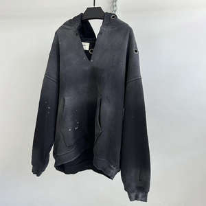 Ropa de calle de alta calidad, Vintage, rasgado, con cuello en V, en blanco, hombros caídos, tejido sólido, lavado ácido, sudaderas con capucha regulares desgastadas, Unisex - Product Image 4