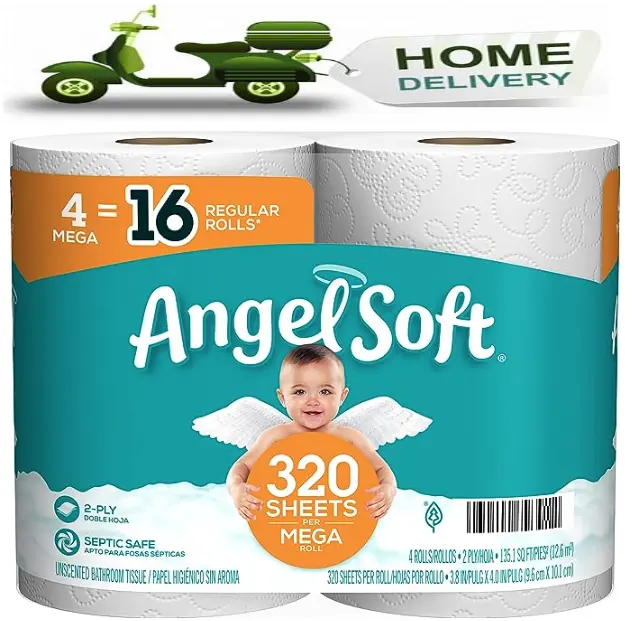 Venta caliente Ángel Papel higiénico suave 48 Mega Rollos Ángel Papel higiénico suave 24 Mega Rollos 96 Rollos regulares Papel de baño de 2 capas