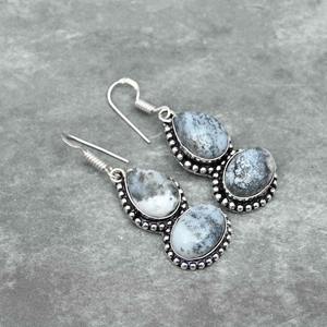 Top qualité 925 argent Sterling plaqué Style bohème à la mode Dendrite opale ovale pierre précieuse lunette naturelle anniversaire boucles d'oreilles - Product Image 2