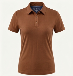 Womens ribbed cotton polyester polo shirt 220GSM premium soft stretch fabric <b>brown</b> color custom embroidery logo Women Polo Shirt - Product Image 2