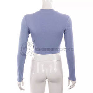 Top corto deportivo de algodón para mujer con manga larga, Camiseta lisa de Color sólido con logotipo personalizado para verano - Product Image 4