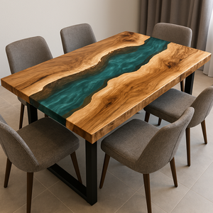 Table à manger rectangulaire moderne en résine époxy artisanale de luxe pour salon, plateau en bois d'acacia, imperméable, cadeau de mariage, personnalisable - Product Image 1