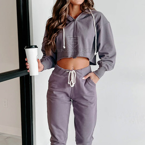 Women Winter Solid Casual <b>Cropped</b> <b>Zip</b> <b>up</b> Jogger Set 100% Cotton Breathable Eco-Friendly OEM Service - Product Image 3