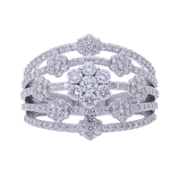 Bague Statement Classique Multi-Rangs en Or 14K Plaqué Rhodium pour Femme, Motif Floral Ajoure Intriqué, Diamants Exquis