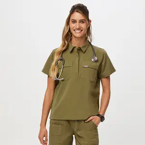 Custom Classic Fit Mujeres Scrubs Uniforme Conjuntos Enfermera Etiqueta privada Moda Medic Uniforme High Rise Cargo Jogger Pantalones con Drawcor