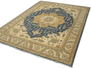 Tapis en laine noué à la main, beige et bleu, motif médaillon, tapis traditionnel, grand tapis de salon, tapis oriental - Product Image 3