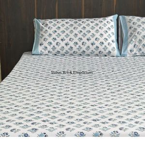 Draps de lit imprimés Sanganeri faits à la main indiens ensembles de literie drap de lit avec taie d'oreiller - Product Image 5
