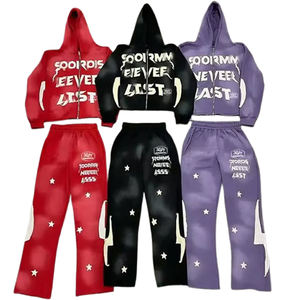 100% coton tissu éponge français survêtements délavés au soleil personnalisé en détresse Applique broderie 2 pièces survêtements pour hommes - Product Image 1