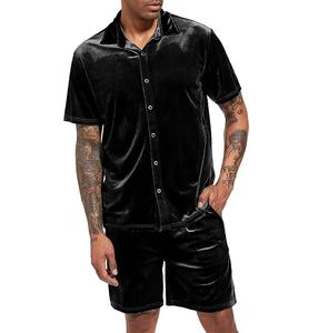 Conjunto de 2 Piezas para Hombre, Verano 2026, Camiseta Ajustada de Manga Corta de Terciopelo Negro, 100% Algodón, Pantalones Cortos de Terciopelo, Ropa Deportiva Transpirable - Product Image 1