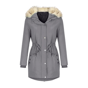 Women's Gray Long Parka With Fur Trim Hood Windproof <b>Quilted</b> Jacket Full Sleeve Elegant Winter Coat <b>Single</b> Breasted - Product Image 1
