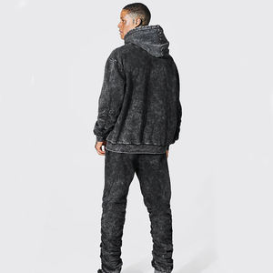 Meilleure vente Acid Wash Strass Imprimer Distressed Zip up Hoodies Baggy Sweatpants Set 460 GSM Respirant Hommes Survêtements - Product Image 6