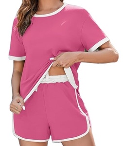 Ensemble décontracté femme : Hauts à manches courtes col rond et shorts à cordon de serrage, color block, en toile 100% coton, séchage rapide, été 2026 - Product Image 1