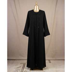Abaya élégante et simple noire ornée, silhouette droite, col en V pour femme adulte - Product Image 1