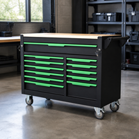 Coffre à outils mobile professionnel noir et vert à douze tiroirs avec plan de travail en bois, personnalisable OEM pour le rangement en garage et atelier