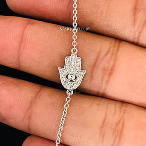 <b>14K</b> Solid <b>Gold</b> Natural Diamond Brilliant Cut Hamsa Charm <b>Bracelet</b> Christian Style Religious Women's Fine Jewelry STAR JEWELLERY - Product Image 1