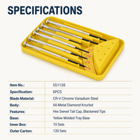 HEHE 551126 Ensemble de 6 tournevis de précision pour horloger, entièrement métalliques, avec poignée moletée et base de rangement jaune