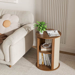 DreamCraft Vietnam Boho Style Mesa auxiliar de 2 niveles con estante ajustable y acabado de tela de saco para muebles de dormitorio de sala de estar - Product Image 1