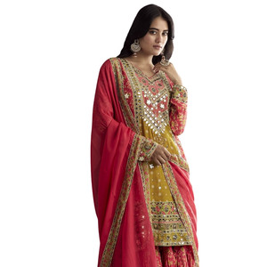 Groothandel Helder Koraalroze Lederen <span class=keywords><strong>Patch</strong></span> <span class=keywords><strong>Kurta</strong></span> Sharara Met Organza Dupatta Voor Feestelijke Feestkleding Huwelijksreceptie - Product Image 2