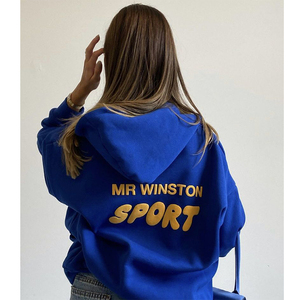 Sudaderas con capucha personalizadas azules al por mayor de espuma 3D de algodón de gran tamaño logotipos inspirados en grafiti calidad Sudadera con capucha de impresión de soplo de peso pesado - Product Image 5