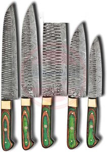 ชุดมีดทำครัวเหล็กดามัสกัส5ชิ้นชุดมีดเชฟมือจับไม้ปลอมพร้อมปลอกม้วนหนัง - Product Image 3