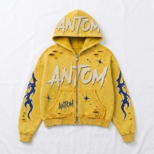 Sudadera con capucha amarilla con cremallera para hombre, estilo urbano, oversize, de algodón tejido con estampado de letras de dibujos animados y diseño de llamas, primavera - Product Image 1