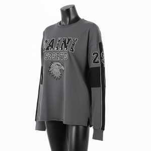 Premium <b>Long</b> <b>Sleeve</b> T Shirt Soft Cotton Fabric Grey <b>Black</b> Panel Design Rhinestone Heat Transfer Logo <b>Long</b> <b>Sleeve</b> T Shirt Cotton - Product Image 4