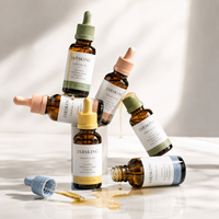 Flacon d'huile essentielle ambrée personnalisé de 30 ml, récipient en verre pour sérum avec bouchons pastel multicolores, collection de marques de niche OEM ODM OBM
