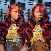 Peluca frontal de encaje HD 13x4, color 99J Borgoña, de cabello humano virgen transparente, densidad del 150%, peluca roja, venta al por mayor para proveedores.