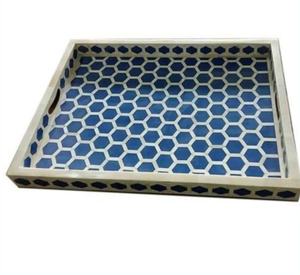 Bandeja para servir con incrustaciones de hueso de Camel Natural, hecha a mano, con diseño Floral, Color azul Cyan con blanco - Product Image 5