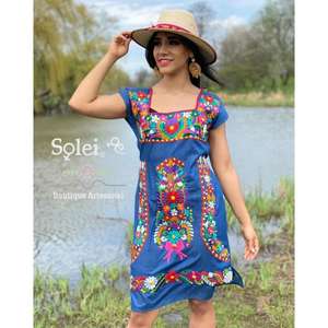 Vestido Maxi Vaquero Bordado Floral para Mujer, Estilo Étnico Mexicano, Hecho a Mano, de Algodón Lavable, Estilo Bohemio Informal de Verano, Cintura Natural, Ropa de Boutique - Product Image 2