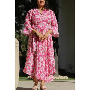 Casual señoras cuello cuadrado Puff manga larga patrón estampado fruncido Smocked Slit Maxi vestido largo para mujer - Product Image 1