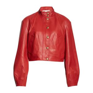 แจ็กเก็ตบอมเบอร์แฟชั่นหนัง PU สีแดง2025สำหรับฤดูหนาวของผู้หญิงมีซิปคอตั้งโลโก้ด้านหน้าแบบพกพามีสไตล์กำลังมาแรง - Product Image 5