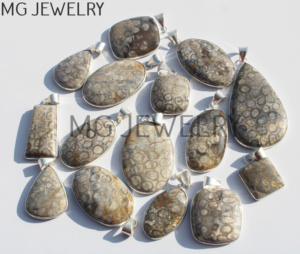 Fossile Corail Pierres Précieuses Lunette Pendentifs En Gros Naturel Fossile Corail Cristal Argent Plaqué Pendentifs Bijoux De Mode - Product Image 1