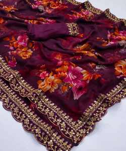 NOUVEAU ARRIVÉ Georgette Soie Floral Imprimé Séquence Dentelle Travail Indien Tenue Traditionnelle Fête Festival Saree Blouse Non Cousue Vin - Product Image 3