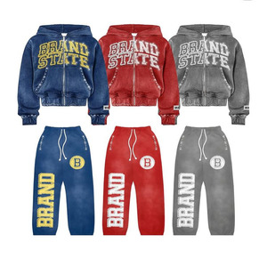 Factory Oem Vintage Washed Heavyweight Pantalones de chándal Sudadera con capucha Conjuntos Logotipo personalizado Impresión Hombres Bordado Rhinestone Chándales - Product Image 3