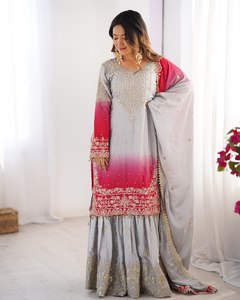 Salwar Kameez para Mujer, Estilo Indio y Pakistaní, Ropa Casual Elegante, Bordado con Lentejuelas, Seda Chinon, Color Marrón Blanco, Sin Arrugas - Product Image 1