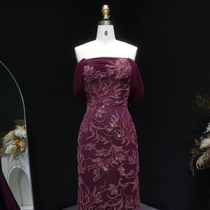 Vestido de Noche Jancember LSZ622 en Terciopelo Magenta con Lentejuelas, Vestido de Gala Estilo Sirena, Vestido de Fiesta Formal con Mangas Abullonadas - Product Image 3