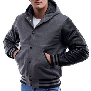 Veste de baseball universitaire à capuche pour homme de style américain, corps en laine, manches en cuir, fermeture éclair, patchwork vintage d'équipe - Product Image 1