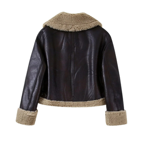 Veste pour femme en cuir véritable et coton brut, style tendance d'hiver, nouveau style, tempérament, grand col, dentelle à la taille, couleur unie - Product Image 2
