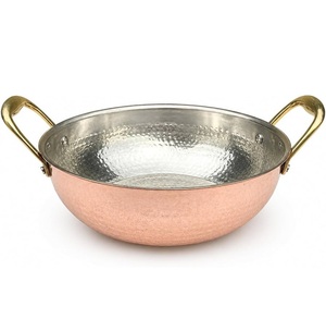 Hammered Copper Kadahi With Brass Handles <b>Stainless</b> <b>Steel</b> Lined Cookware <b>Pot</b> For Stovetop Cooking Vintage Design - Product Image 1