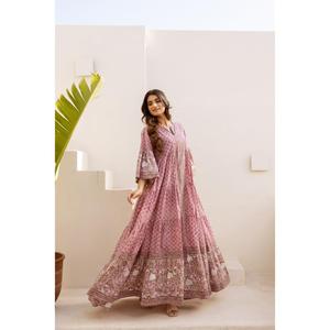 Vestido Maxi Bohemio para Mujer, Estilo Ecológico, Estampado Floral Rosa Indio, Cuello en V, Algodón, Kaftán, Mangas Anchas, Étnico, Verano - Product Image 1