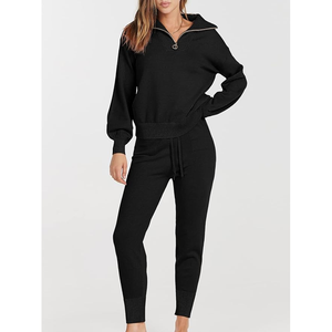 Conjunto de chándales de estilo informal para invierno, traje de 2 piezas informal de algodón 100% para mujer, pantalón largo y chándal con cuello con cremallera - Product Image 2