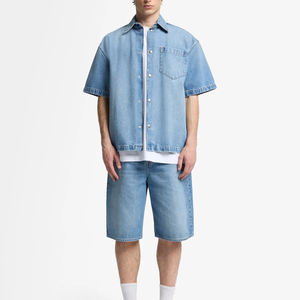 Custom <b>Men's</b> Casual Streetwear Distressed <b>Denim</b> Patch Jacket and Two Piece <b>Denim</b> <b>Short</b> Sets for Winter Manufacturers' Design - Product Image 1