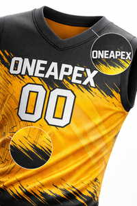 Ensemble d'uniformes de basket-ball sublimés personnalisés |   Maillot et short sans manches jaune et noir |   Vêtements de sport pour équipes OEM - Product Image 2