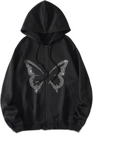 เสื้อฮู้ดมีซิปประดับพลอยเทียมสำหรับผู้หญิงแจ็คเก็ตมีฮู้ดแบบลำลองสำหรับทุกเพศเสื้อฮู้ดแบบขาด - Product Image 1