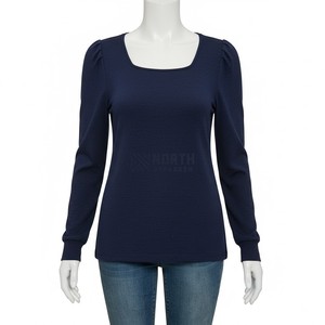 Camiseta de Algodón Orgánico con Cuello en U para Mujer, Estilo Casual y Transpirable con Mangas Abullonadas para Otoño e Invierno - Product Image 1